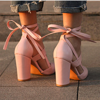 Stylish Chunky Heel Lace up Pumps in Pink - Thumbnail 2