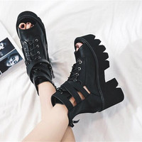 Black Punk Rock Gothic Thick Heel Platform Sandals - Thumbnail 1