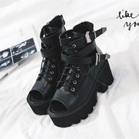 Black Punk Rock Gothic Thick Heel Platform Sandals - Thumbnail 2