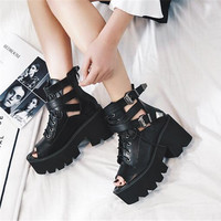 Black Punk Rock Gothic Thick Heel Platform Sandals - Thumbnail 3