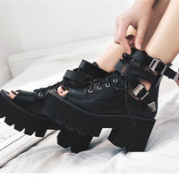 Black Punk Rock Gothic Thick Heel Platform Sandals - Thumbnail 4