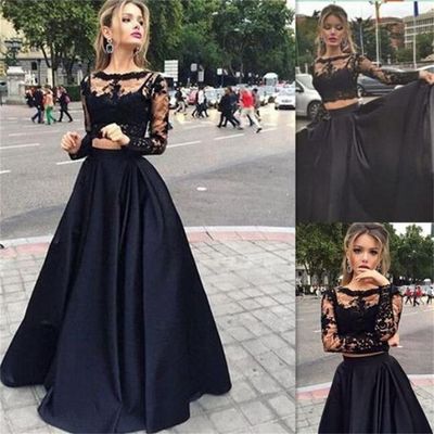 Black Two Piece Prom Dresses with Long Sleeves