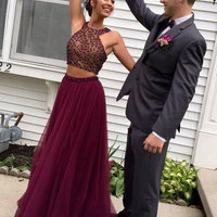 High Neck Beaded Chiffon Two Piece Prom Dresses - Thumbnail 1