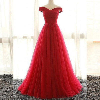 Red v neck tulle long prom dress, red evenin gdress