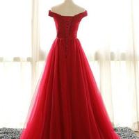Red v neck tulle long prom dress, red evenin gdress - Thumbnail 1