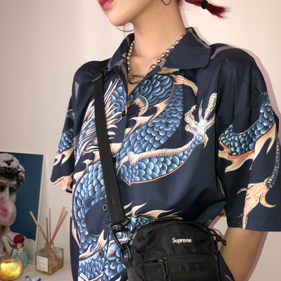 Harajuku Dragon Print Short Sleeve Shirt