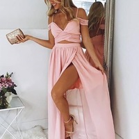Off the Shoulder Two Piece Prom Dresses with Split Side - Thumbnail 1