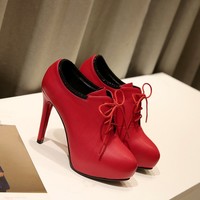 Women's Pure Color High Heel Thin Heel Shoelace Ankle Boots Q-0001 - Thumbnail 3