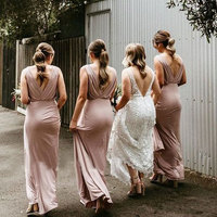 V Neck V Back Long Bridesmaid Dresses - Thumbnail 1