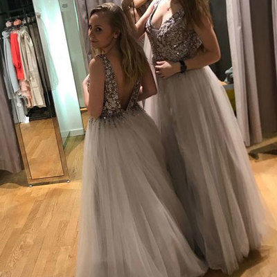 V neck v back tulle light gray prom dresses with appliques beaded - Thumbnail 3