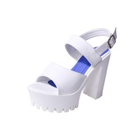 White Double Strap Chunky Heel Sandals - Thumbnail 3