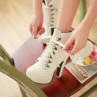 High Heel Lace Up White Martens Ankle Boots Q-0017 - Thumbnail 1