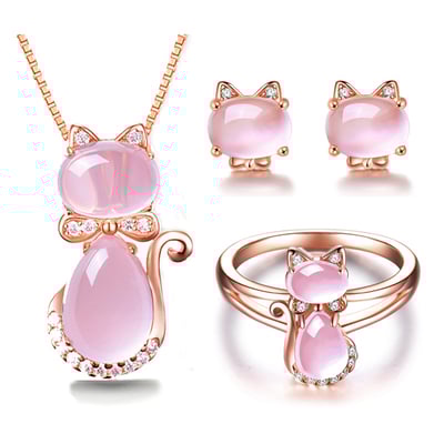 Cute cat crystal quartz pink opal necklace earrings ring set - Thumbnail 5