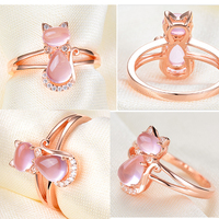 Cute Cat Crystal Quartz Pink Opal Necklace Earrings Ring Set - Thumbnail 1