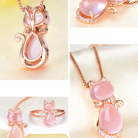 Cute Cat Crystal Quartz Pink Opal Necklace Earrings Ring Set - Thumbnail 2
