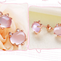 Cute Cat Crystal Quartz Pink Opal Necklace Earrings Ring Set - Thumbnail 4
