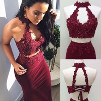 Two Piece Burgundy Mermaid Prom Dresses with Appliques - Thumbnail 1