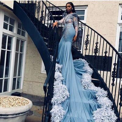 2019 gorgeous feather mermaid prom dress jewel neck illusion lace applique with feather long sleeve african sexy court train evening dresses