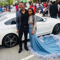 2019 Gorgeous Feather Mermaid Prom Dress Jewel Neck Illusion Lace Applique with Feather Long Sleeve African Sexy Court Train Evening Dresses - Thumbnail 2