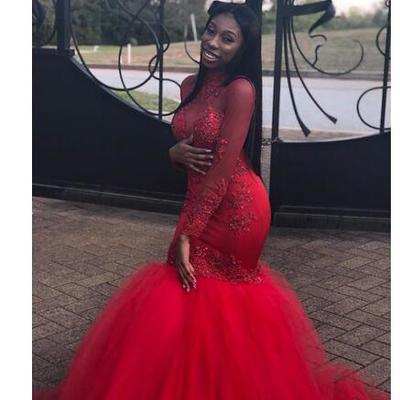 Red mermaid prom dresses 2019 vintage sheer long sleeves appliqued party evening gowns south african arabic sequined tulle prom wears
