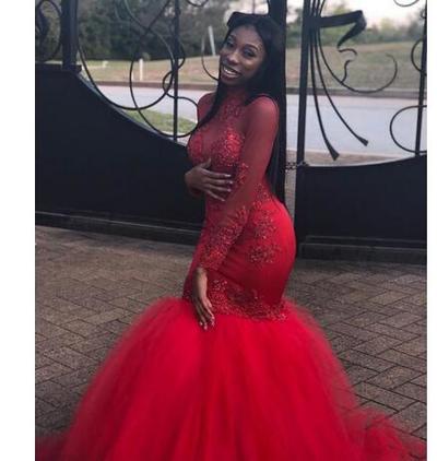 Red Mermaid Prom Dresses 2019 Vintage Sheer Long Sleeves Appliqued Party Evening Gowns South African Arabic Sequined Tulle Prom Wears