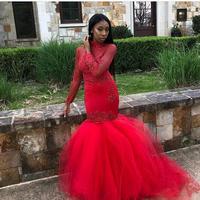 Red Mermaid Prom Dresses 2019 Vintage Sheer Long Sleeves Appliqued Party Evening Gowns South African Arabic Sequined Tulle Prom Wears - Thumbnail 1