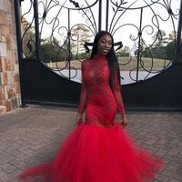 Red Mermaid Prom Dresses 2019 Vintage Sheer Long Sleeves Appliqued Party Evening Gowns South African Arabic Sequined Tulle Prom Wears - Thumbnail 2