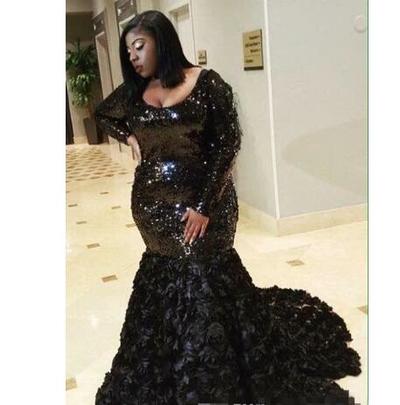 Custom Made Plus Size Black Prom Dresses 2019 New Long Sleeve Scoop Neck Sweep Strain Formal Mermaid Evening Dress Party Gowns Custom Made