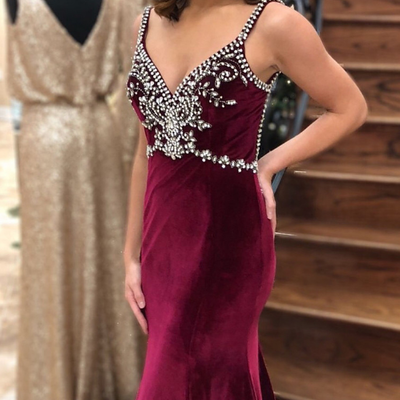 Mermaid burgundy velvet long prom dress with open back evening dresses