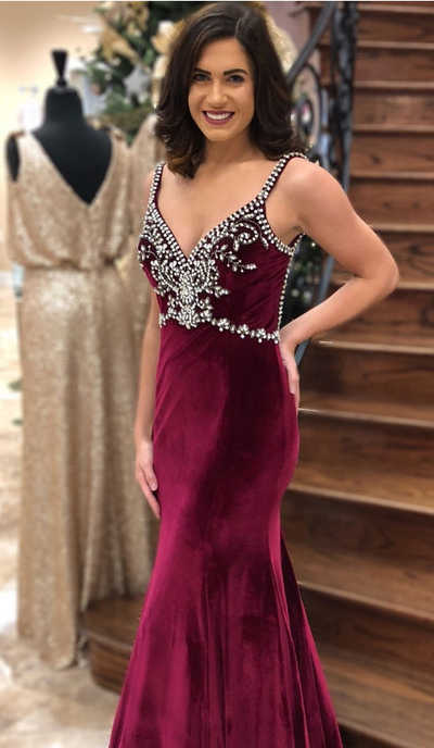 Mermaid Burgundy Velvet Long Prom Dress with Open Back Evening Dresses