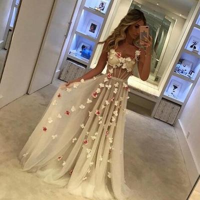 Romantic 2019 prom dresses evening gowns sexy see through corset sleeveless a line with hand made flower formal party dresses