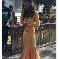 Long Sleeve Mermaid Gold Satin Black Grils Prom Dress New Arrival Backless Formal Party Gown Custom Make Plus Sizeustom Make Plus Size - Thumbnail 1