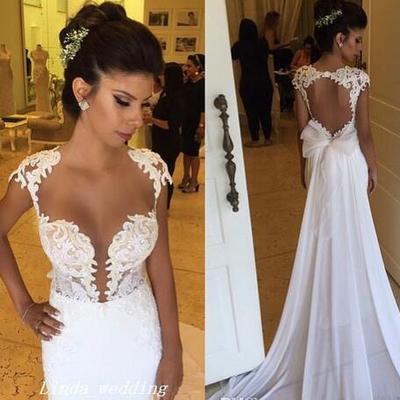 Vintage sexy wedding dresses white cap sleeves chiffon backless floor length long bridal party gowns - Thumbnail 5