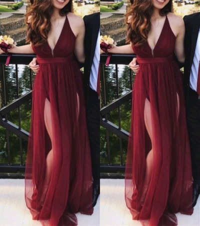 Deep V Neck Burgundy Prom Dresses with Split 