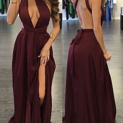 Sexy burgund convertible prom dresses sweep train with split side - Thumbnail 5