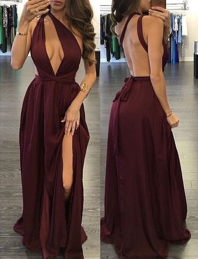 Sexy Burgund Convertible Prom Dresses Sweep Train with Split Side