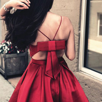 Burgundy short homecoming dresses with bowknot - Thumbnail 5