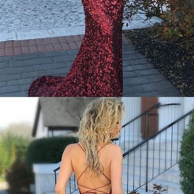 Sheath spaghetti straps criss cross red sequined prom dress