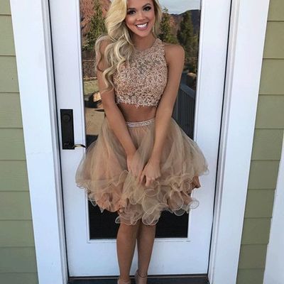 Two piece champagne tulle homecoming dress with lace beading