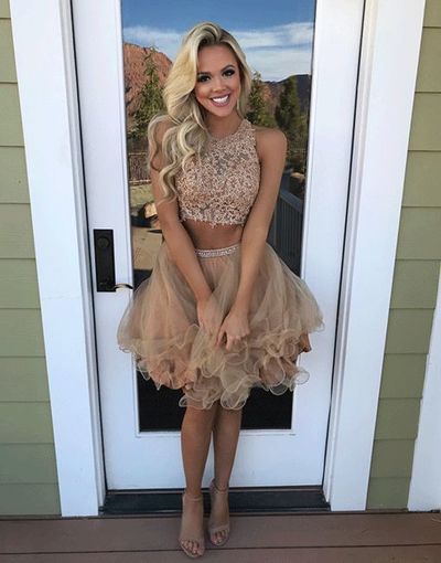 Two Piece Champagne Tulle Homecoming Dress with Lace Beading