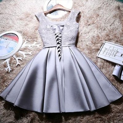 A-line bateau cap sleeves short grey satin homecoming dress with bowknot lace