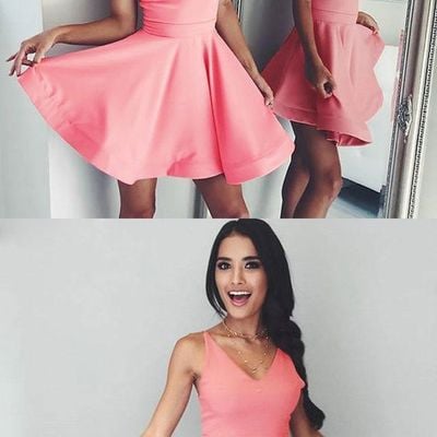 A-line v-neck sleeveless pink short satin homecoming dress