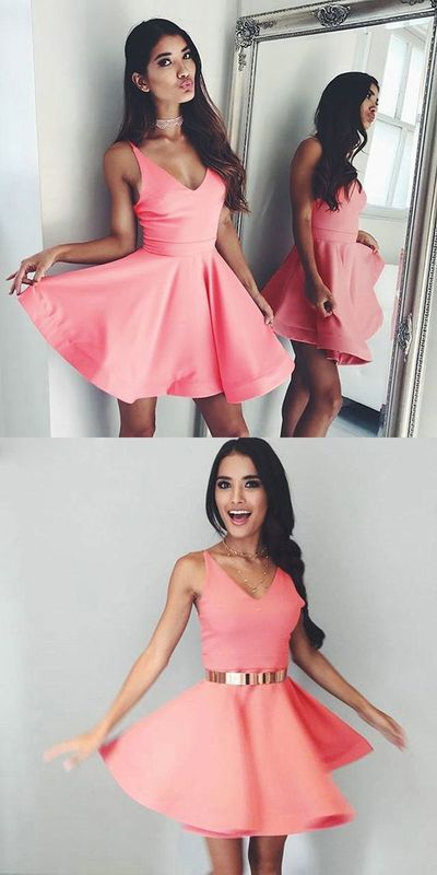 A-Line V-Neck Sleeveless Pink Short Satin Homecoming Dress