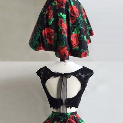Two piece bateau open back short black floral homecoming dress with appliques