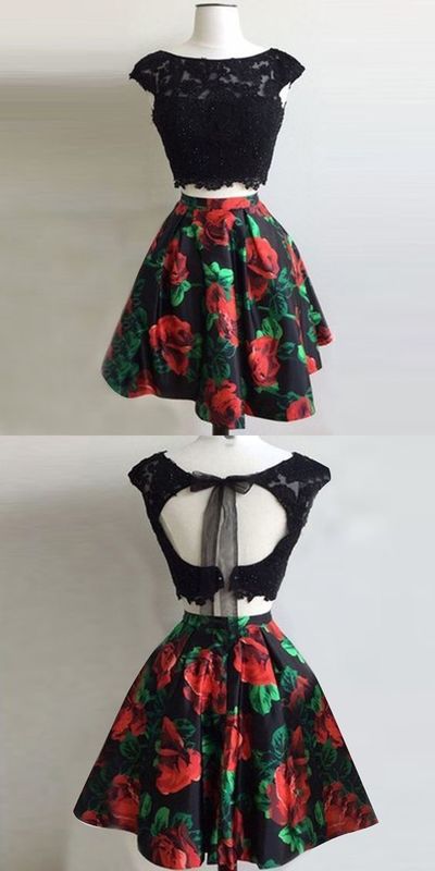 Two Piece Bateau Open Back Short Black Floral Homecoming Dress with Appliques