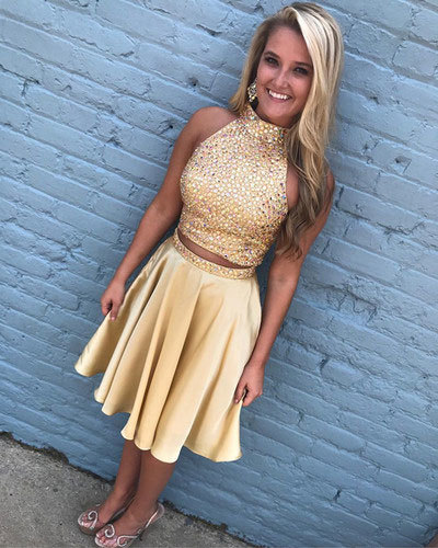 Two Piece Gold Short Homecoming Dresses with Rhinestone