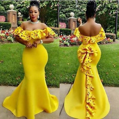 Yellow mermaid prom dresses off the shoulder lace accents african girl black girl evening formal gowns