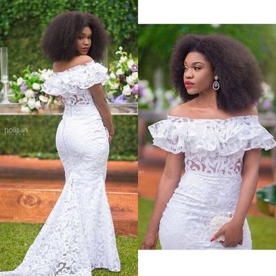 White Mermaid Black Girl African Girl Prom Dresses Off the Shoulder Lace Evening Formal Gowns Vestidos