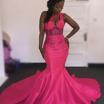 Hot pink fuchsia mermaid african girl black girl prom dresses one shoulder appliques evening formal gowns