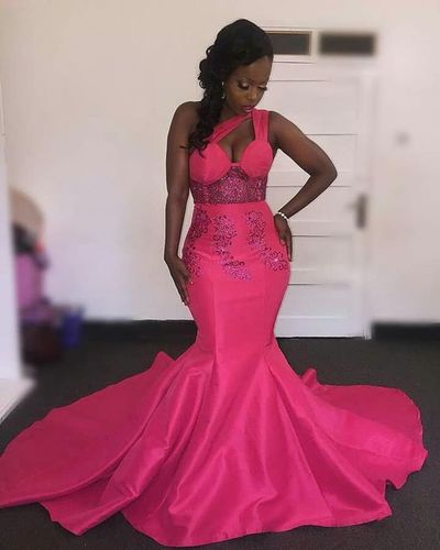 Hot Pink Fuchsia Mermaid African Girl Black Girl Prom Dresses One Shoulder Appliques Evening Formal Gowns